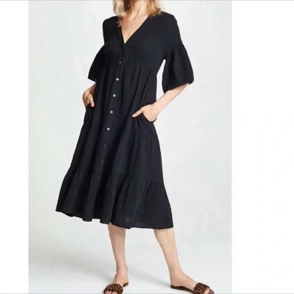 Xirena Kendall Black Cotton Gauze Tiered‎ Midi Dress Button Front Size Small
